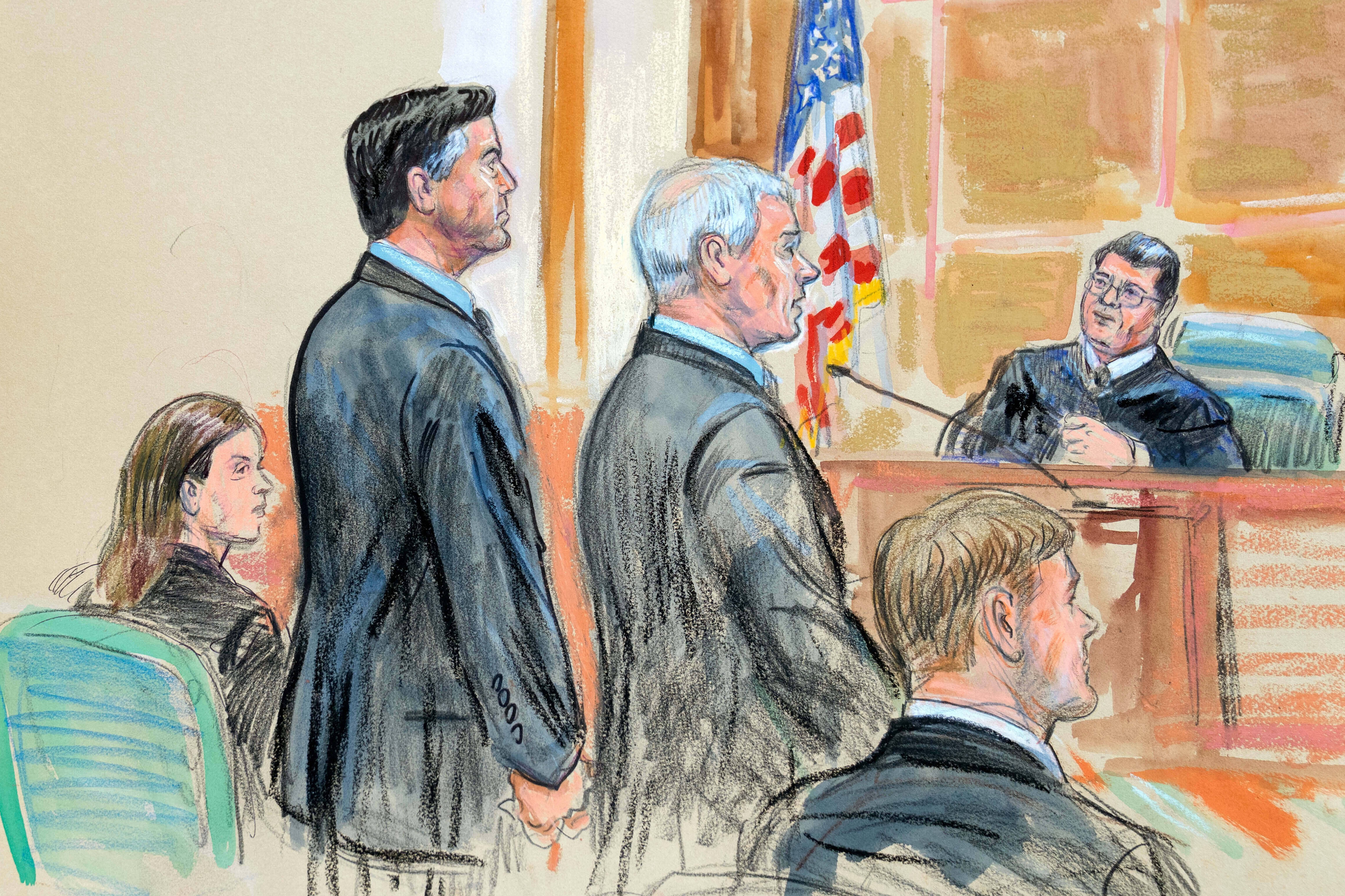 This courtroom sketch depicts former FBI Director James Comey, second from left, and his attorneys Jessica Carmichael, seated left, and Patrick J. Fitzgerald, standing right, during his arraignment at the federal courthouse in Alexandria, Va., Wednesday, Oct. 8, 2025. Assistant U.S. Attorney Tyler Lemons, is seated right.